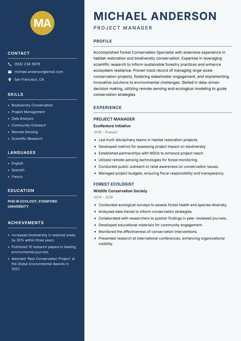 Forest Conservation Specialist resume template — Classic Clean