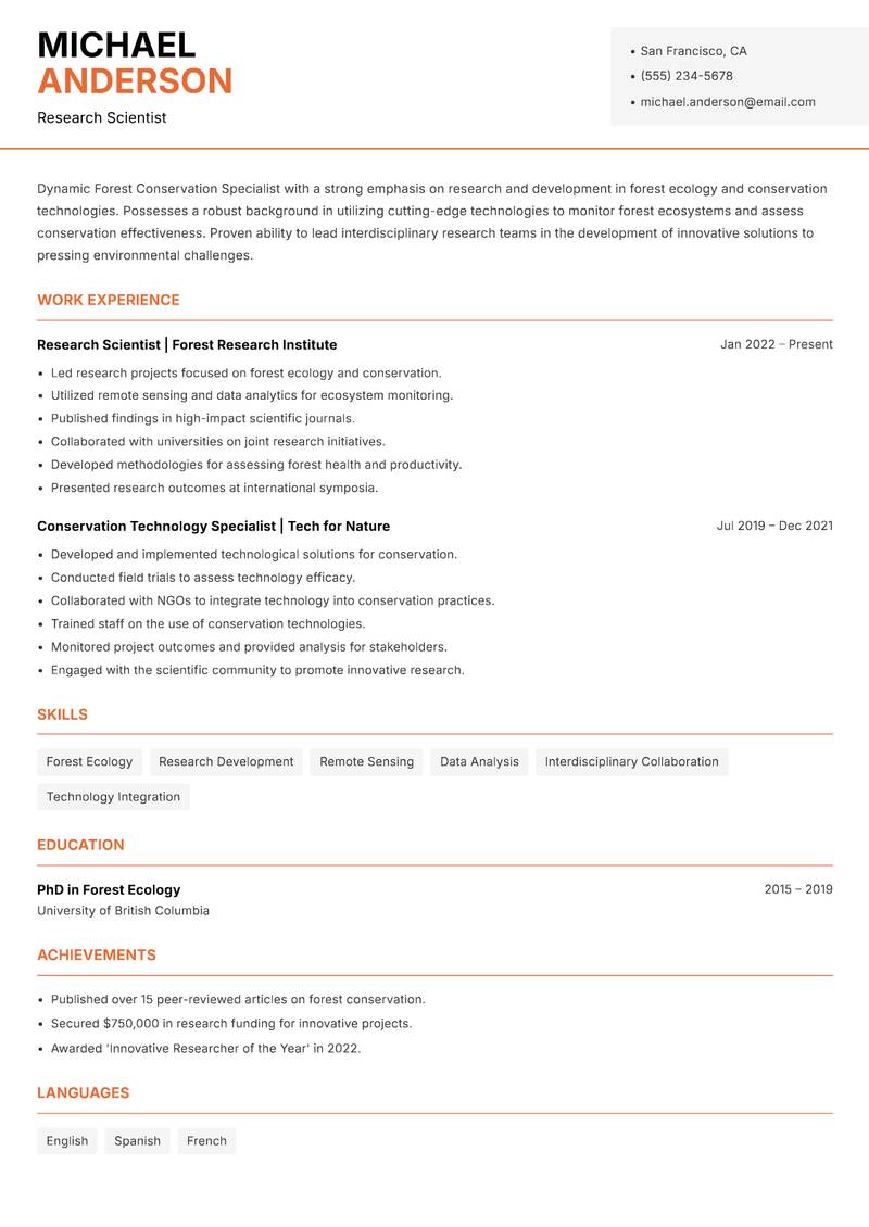 Forest Conservation Specialist resume template — Modern Professional