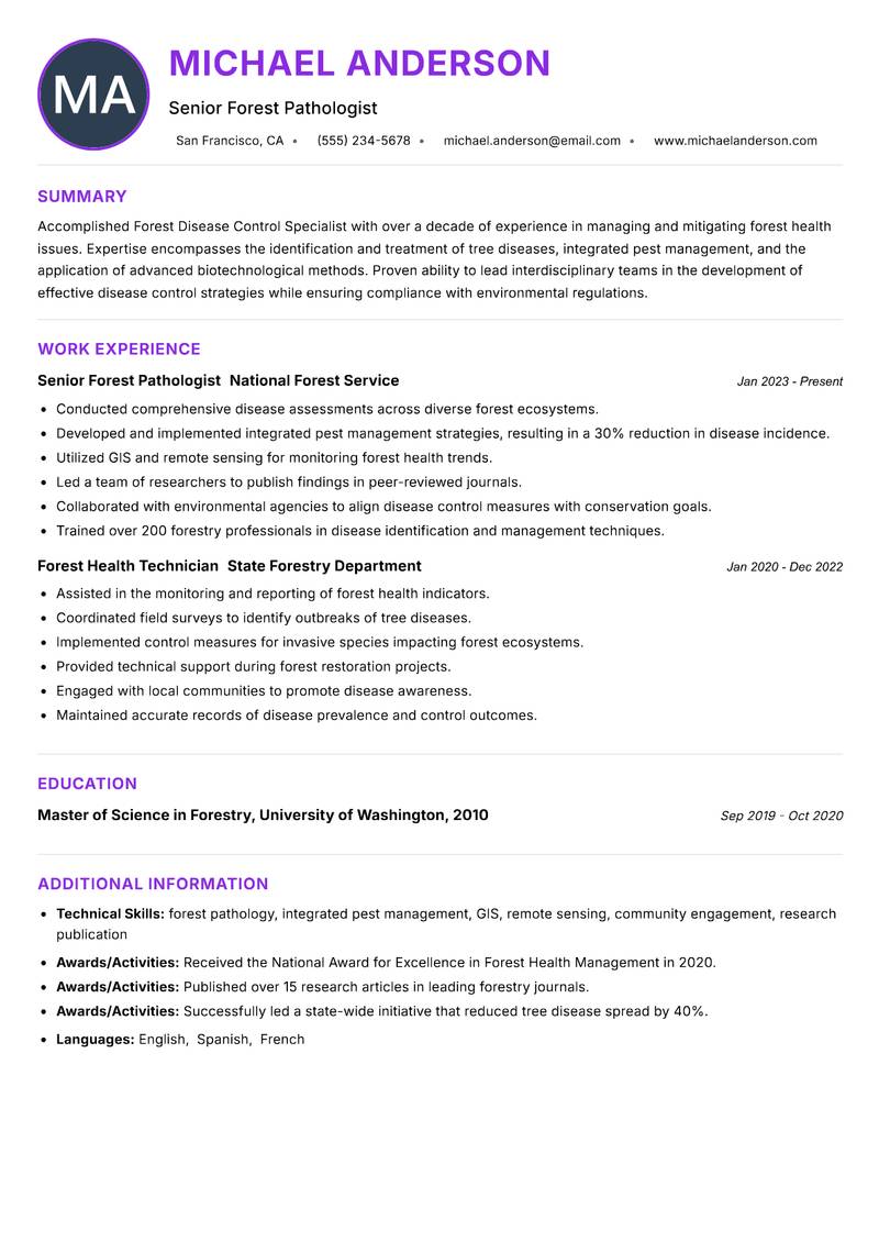 Forest Disease Control Specialist resume example — ATS-friendly template