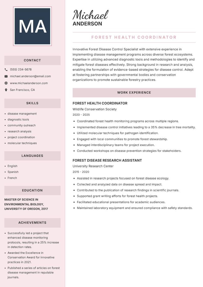 Forest Disease Control Specialist resume template — Executive