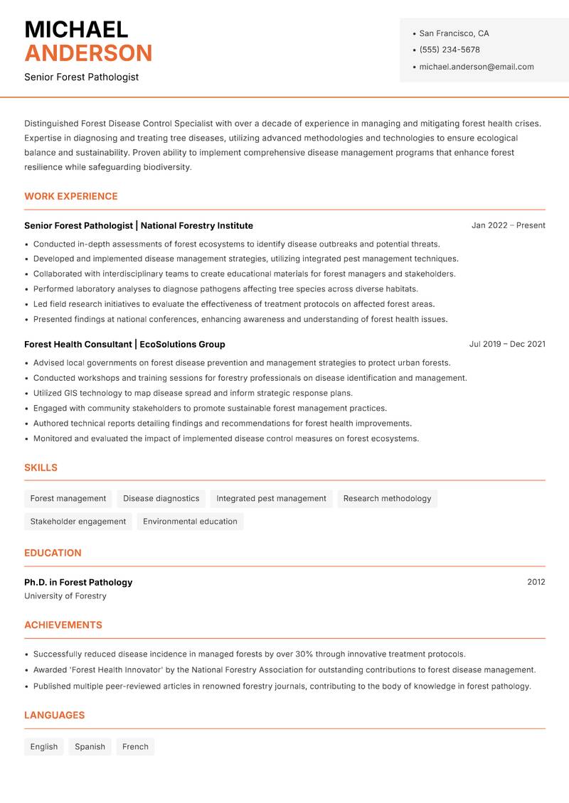 Forest Disease Control Specialist resume template — Modern Professional