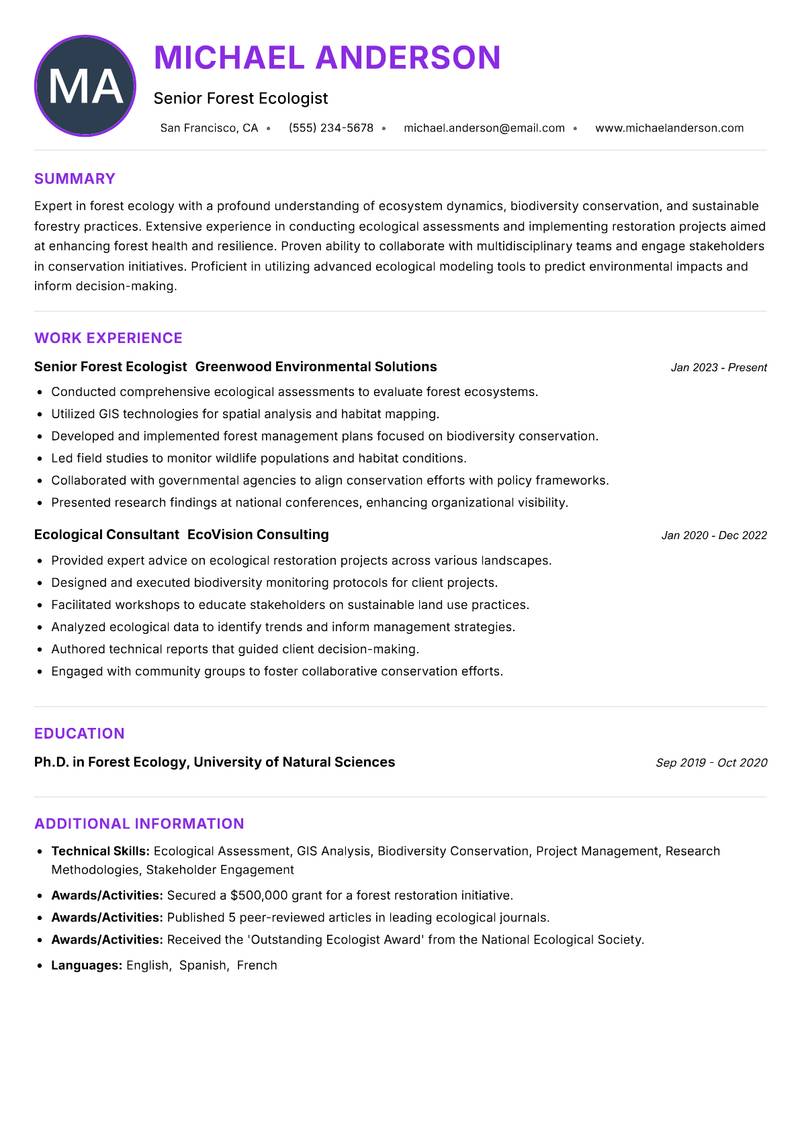 Forest Ecology Specialist resume example — ATS-friendly template