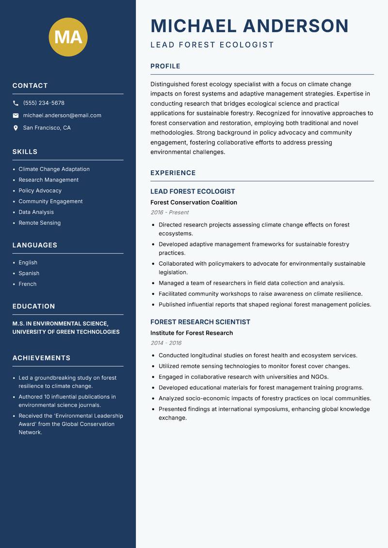 Forest Ecology Specialist resume template — Classic Clean