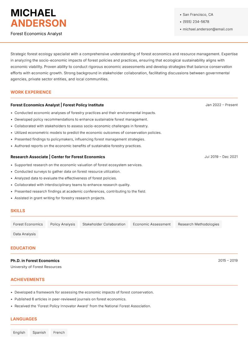 Forest Ecology Specialist resume template — Modern Professional