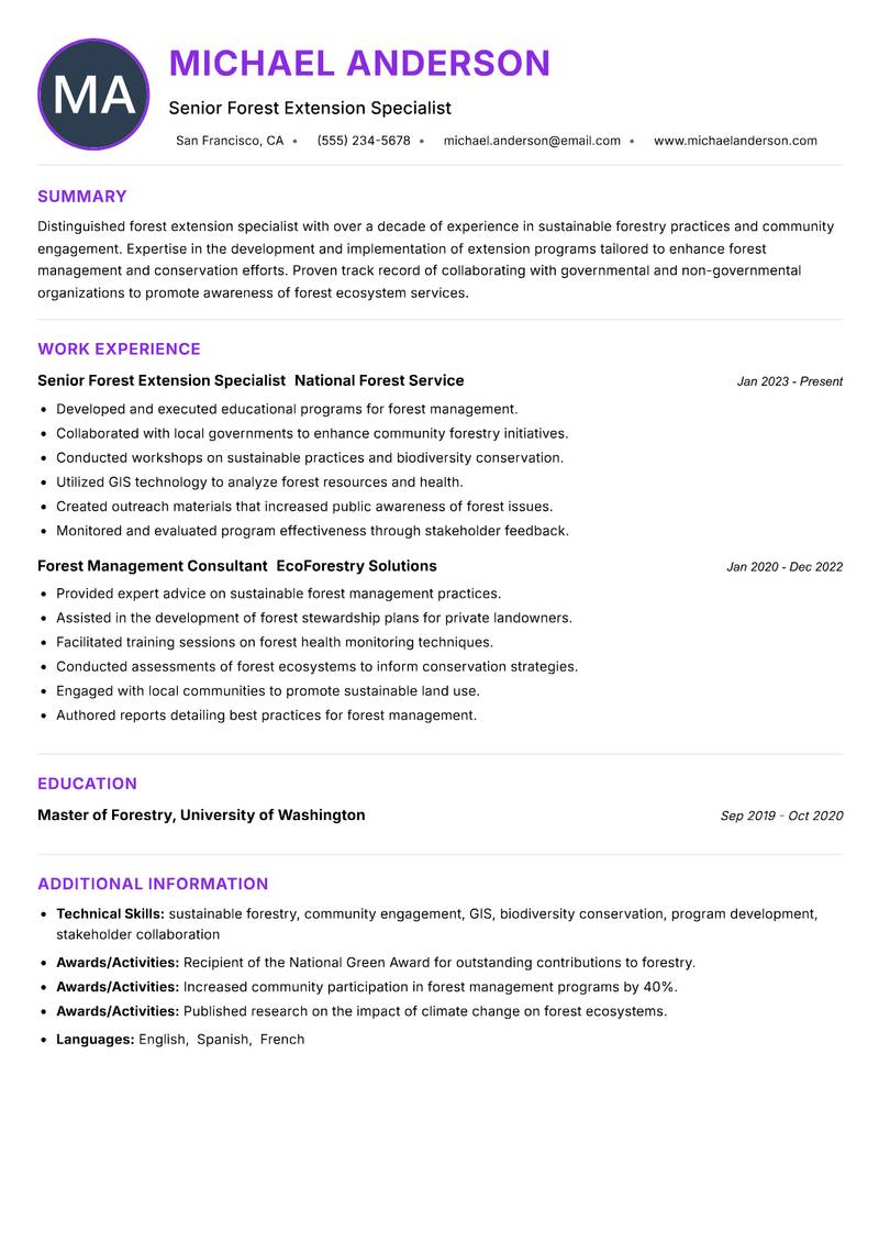 Forest Extension Specialist resume example — ATS-friendly template