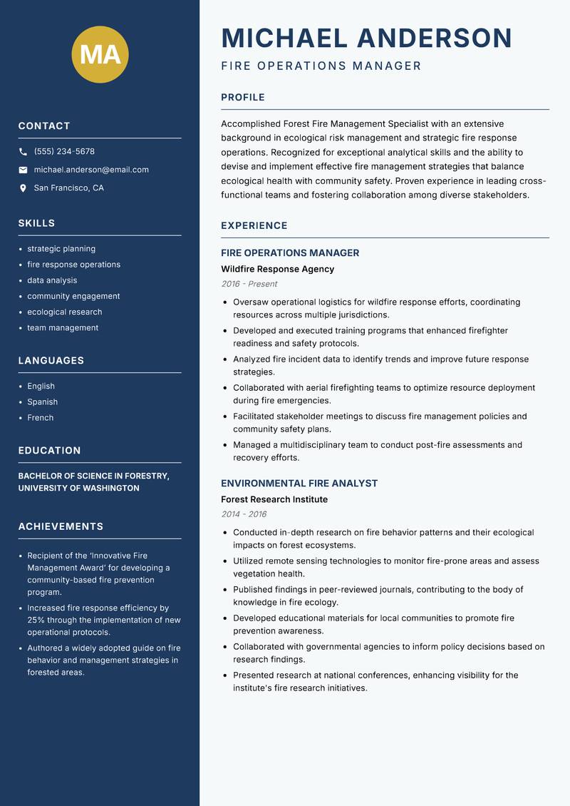 Forest Fire Management Specialist resume template — Classic Clean