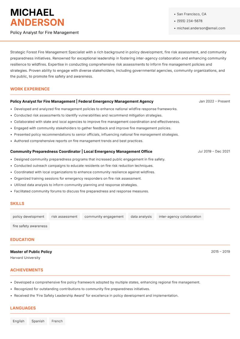Forest Fire Management Specialist resume template — Modern Professional