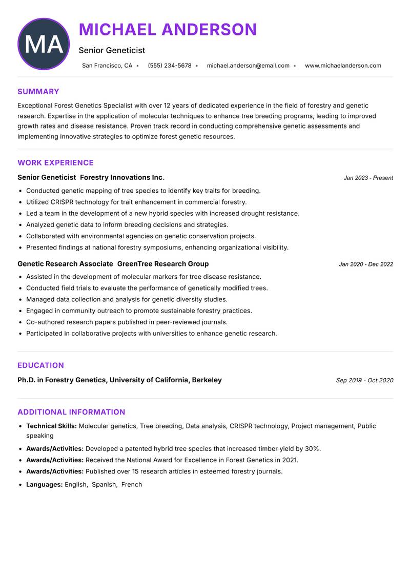 Forest Genetics Specialist resume example — ATS-friendly template