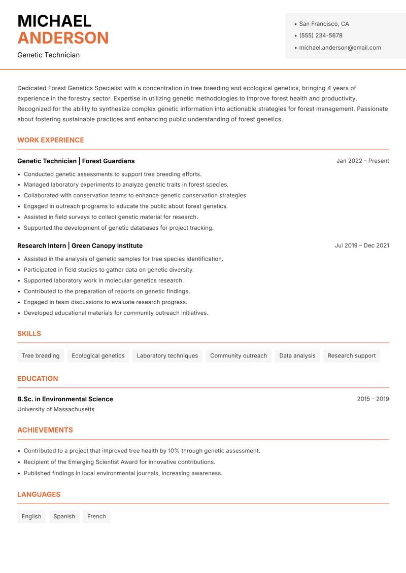 Forest Genetics Specialist resume template — Modern Professional