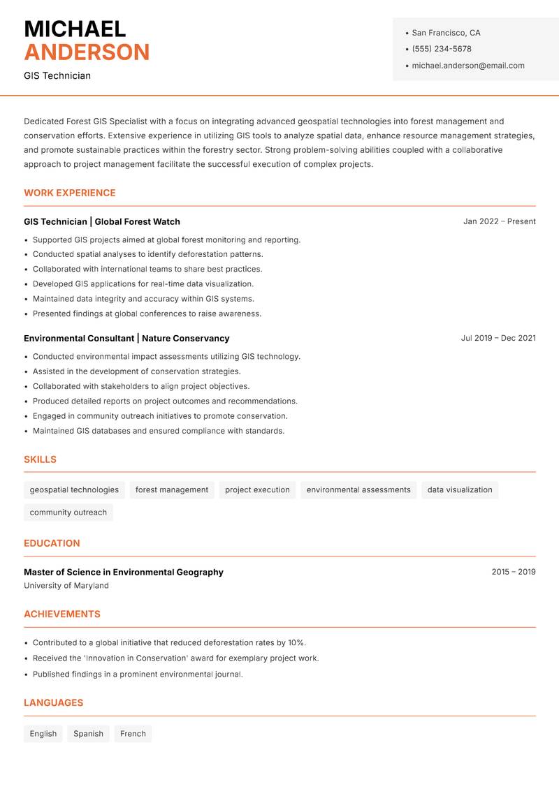 Forest GIS Specialist resume template — Modern Professional