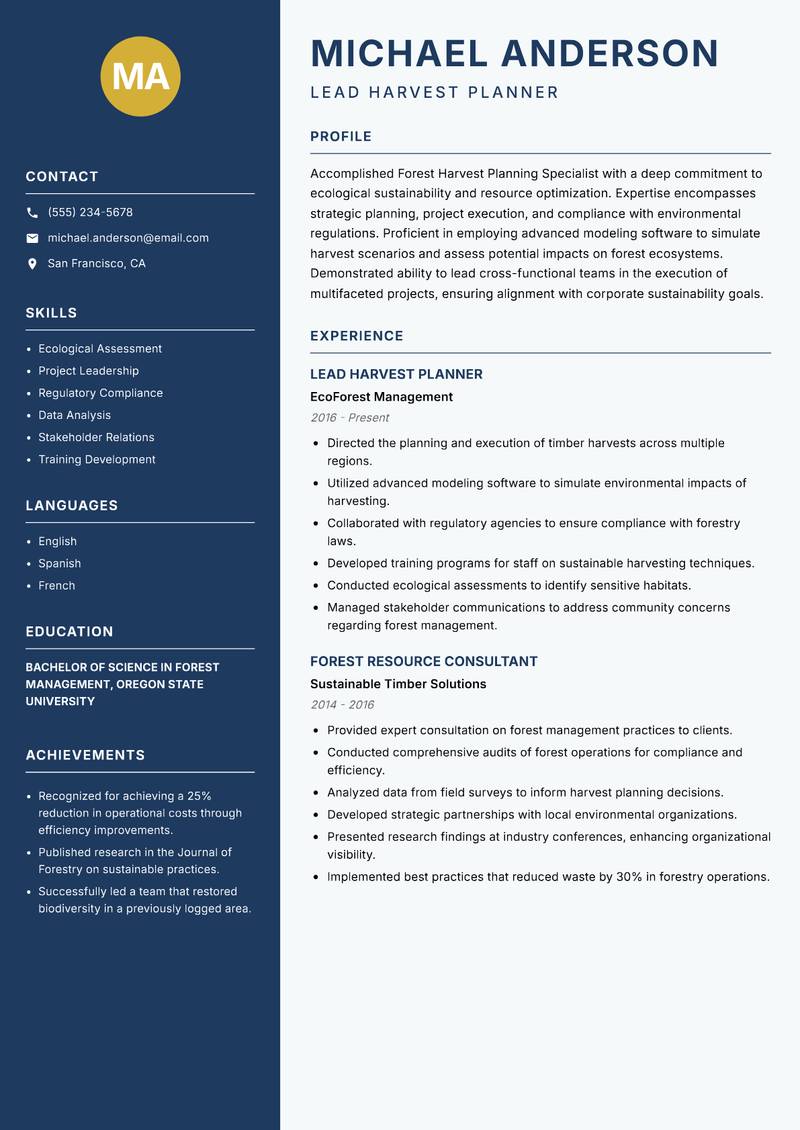Forest Harvest Planning Specialist resume template — Classic Clean
