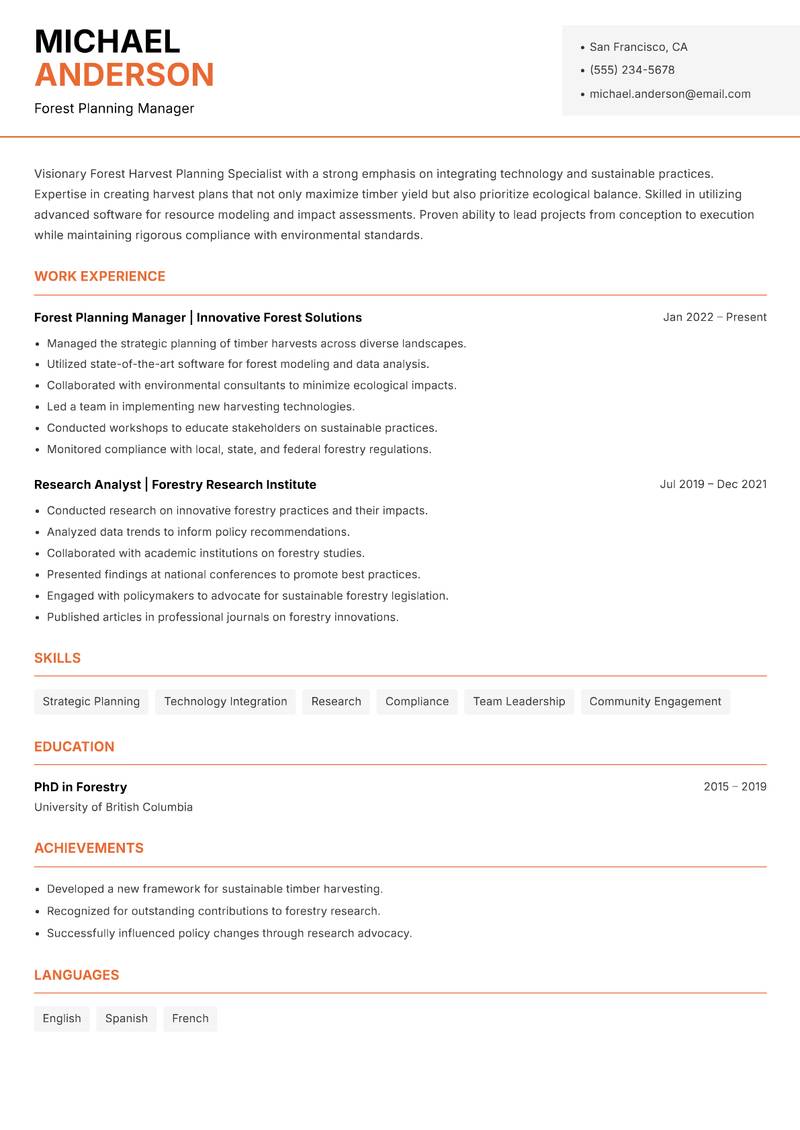 Forest Harvest Planning Specialist resume template — Modern Professional