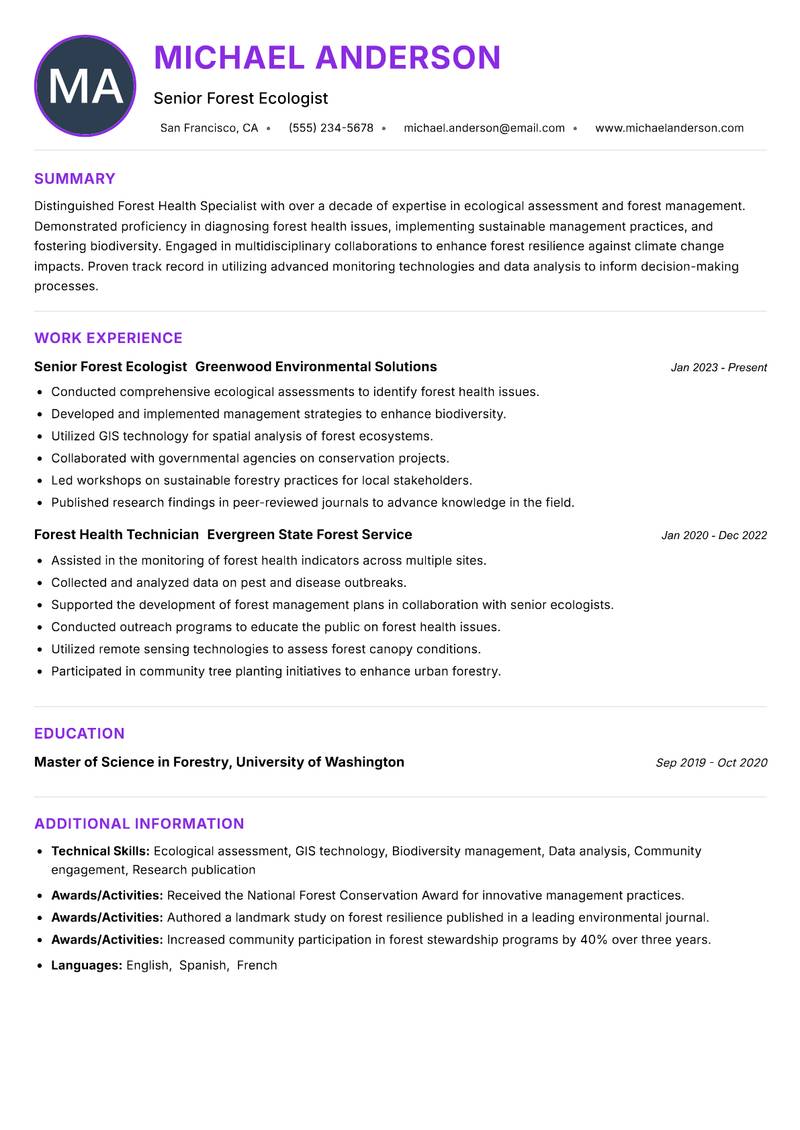 Forest Health Specialist resume example — ATS-friendly template