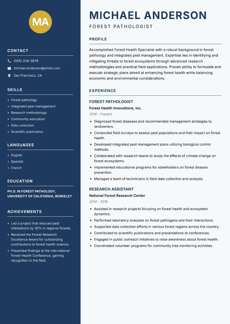 Forest Health Specialist resume template — Classic Clean