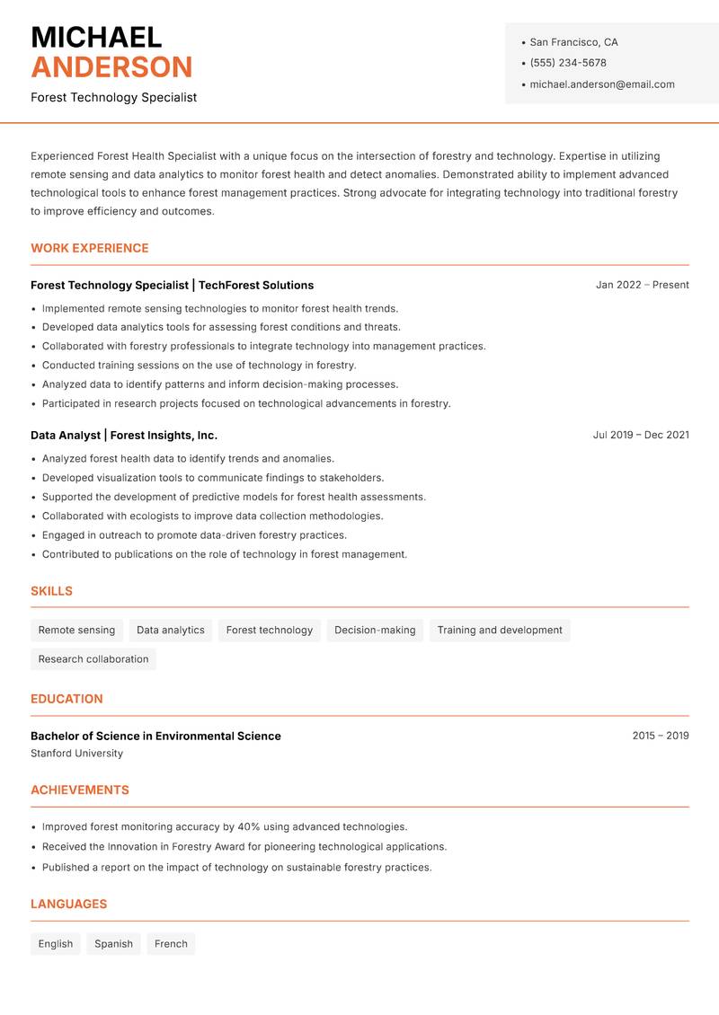 Forest Health Specialist resume template — Modern Professional