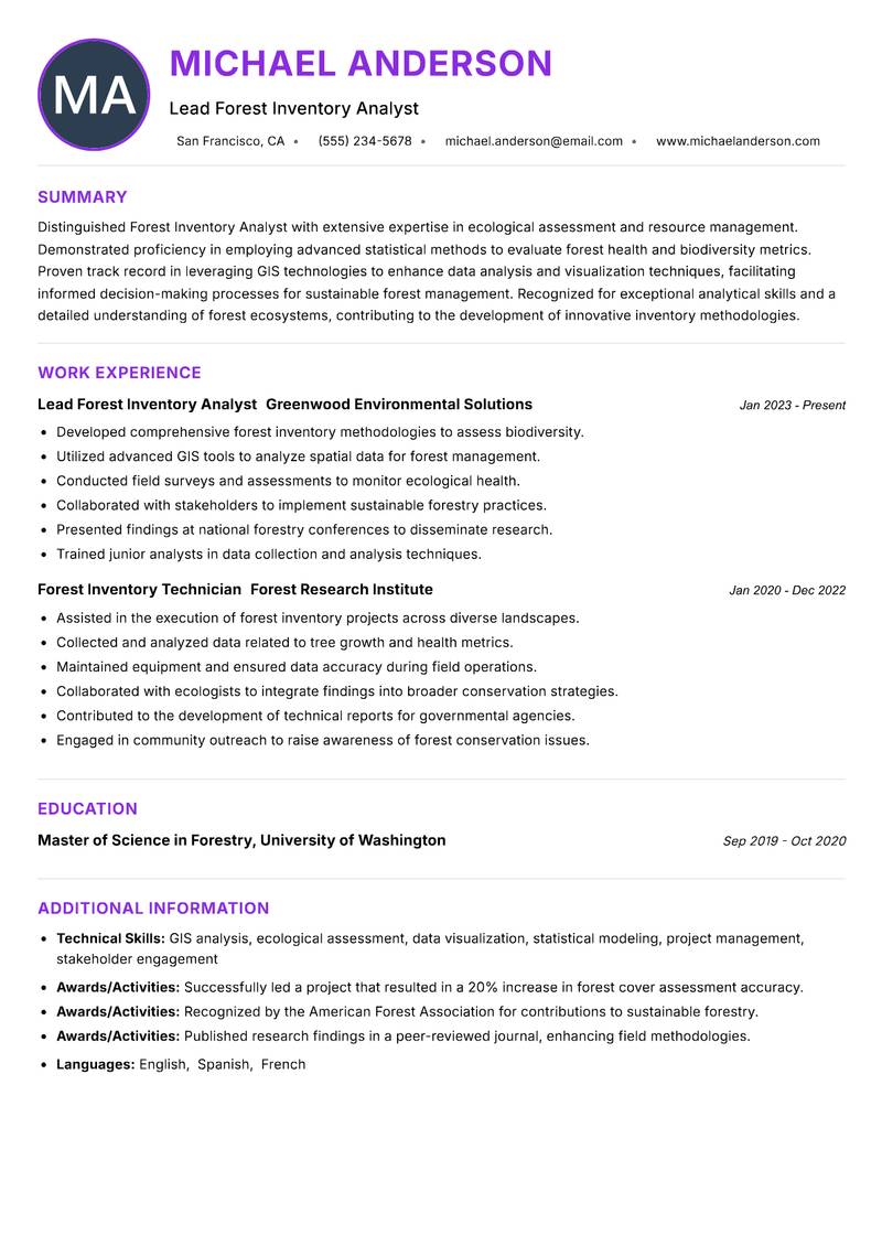 Forest Inventory Analyst resume example — ATS-friendly template