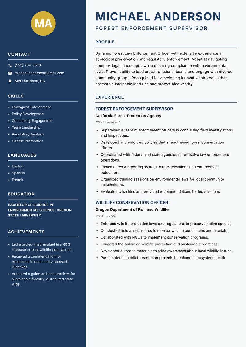 Forest Law Enforcement Officer resume template — Classic Clean