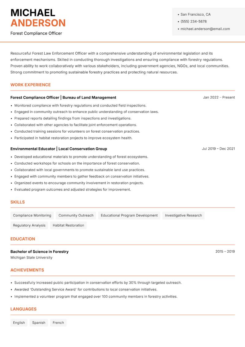 Forest Law Enforcement Officer resume template — Modern Professional