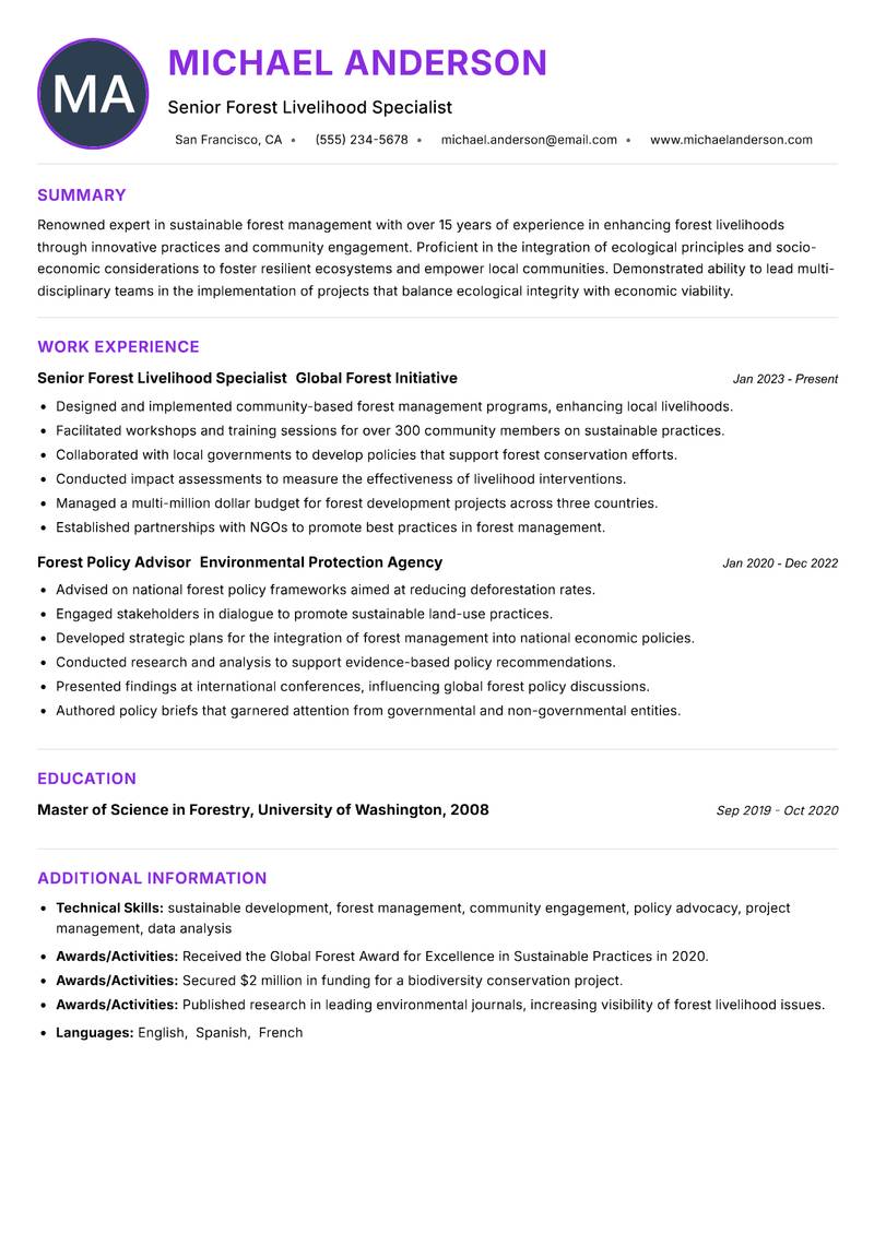 Forest Livelihood Specialist resume example — ATS-friendly template