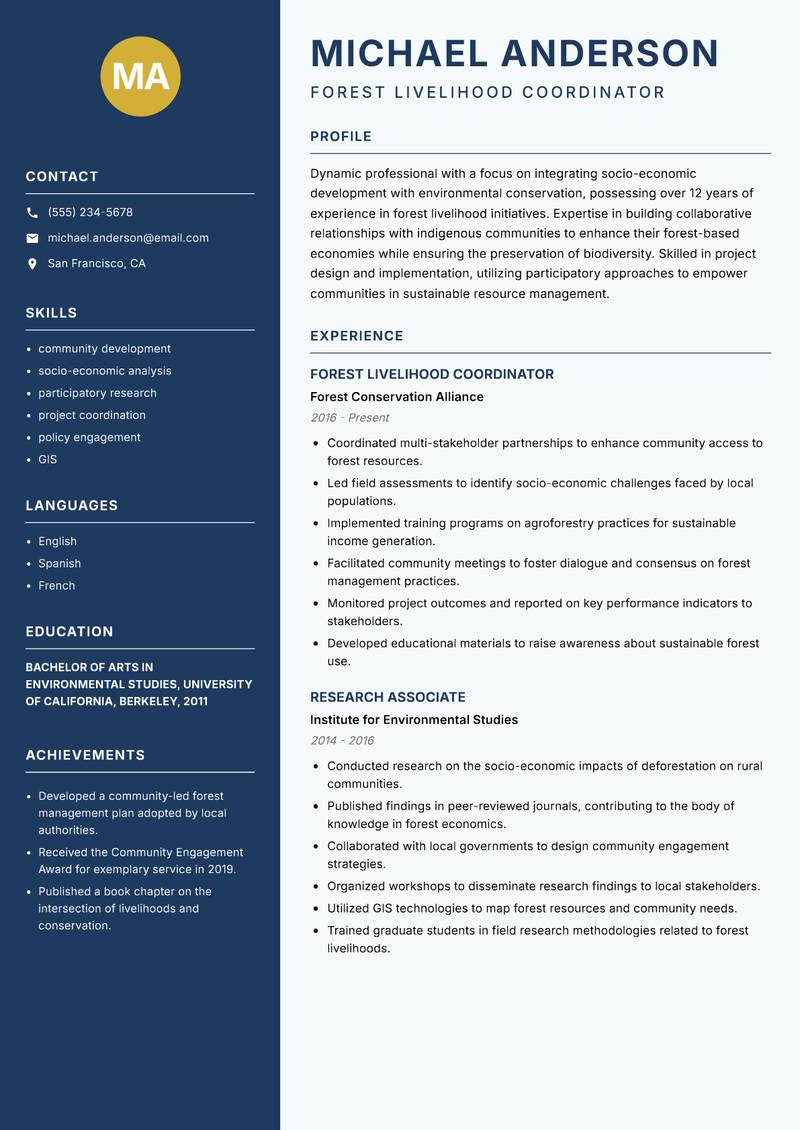 Forest Livelihood Specialist resume template — Classic Clean