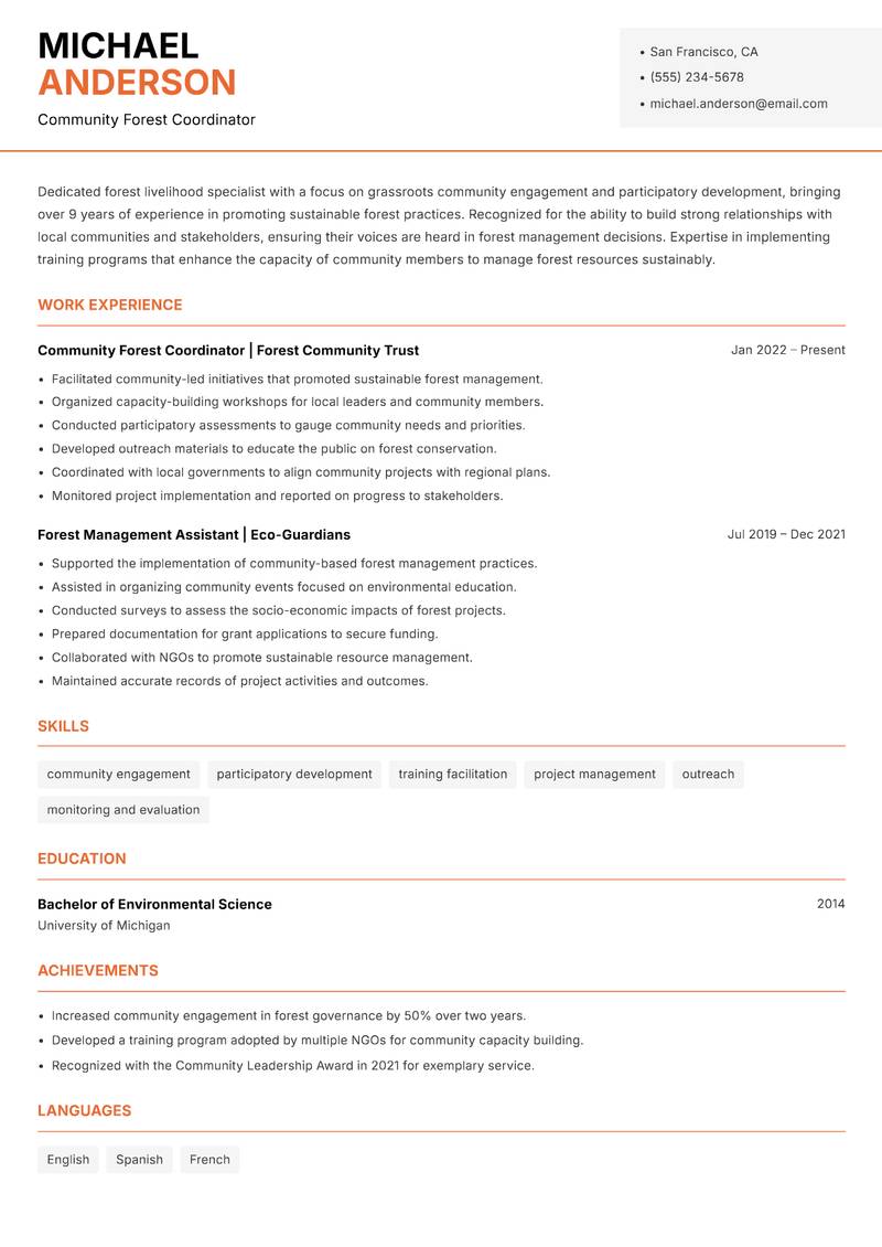 Forest Livelihood Specialist resume template — Modern Professional