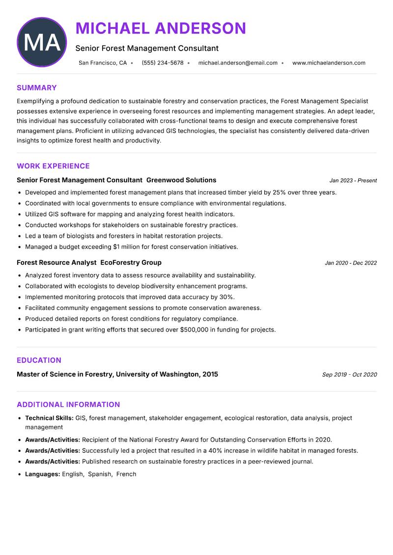 Forest Management Specialist resume example — ATS-friendly template