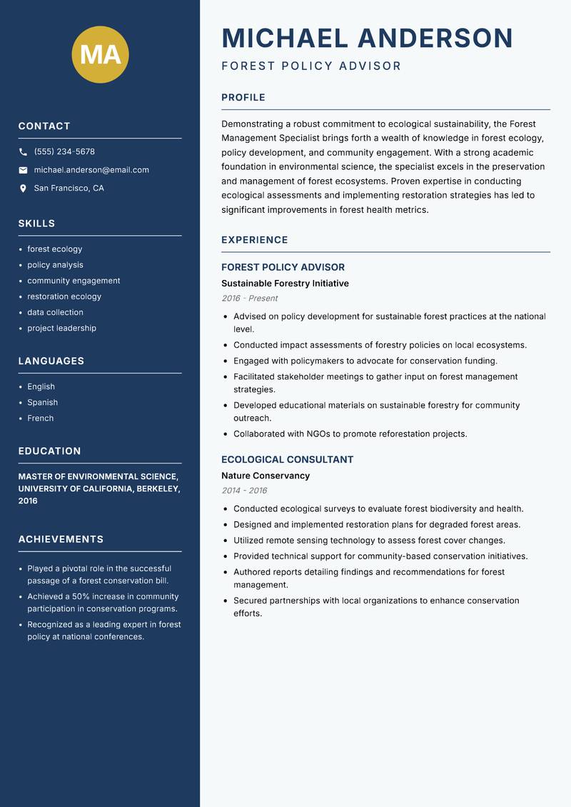 Forest Management Specialist resume template — Classic Clean