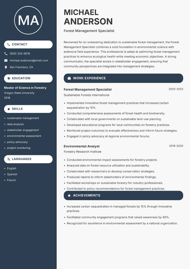 Forest Management Specialist resume template — Compact