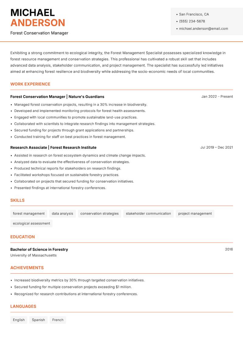 Forest Management Specialist resume template — Modern Professional