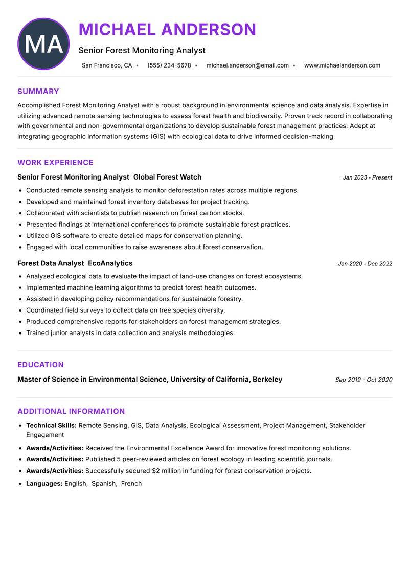 Forest Monitoring Analyst resume example — ATS-friendly template