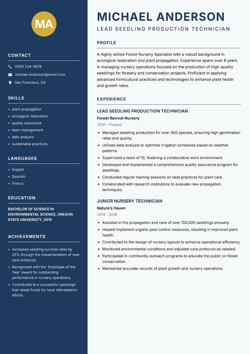 Forest Nursery Specialist resume template — Classic Clean