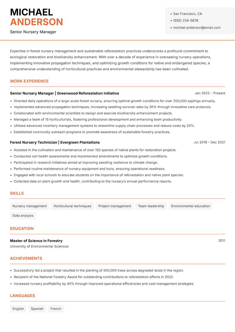 Forest Nursery Specialist resume template — Modern Professional