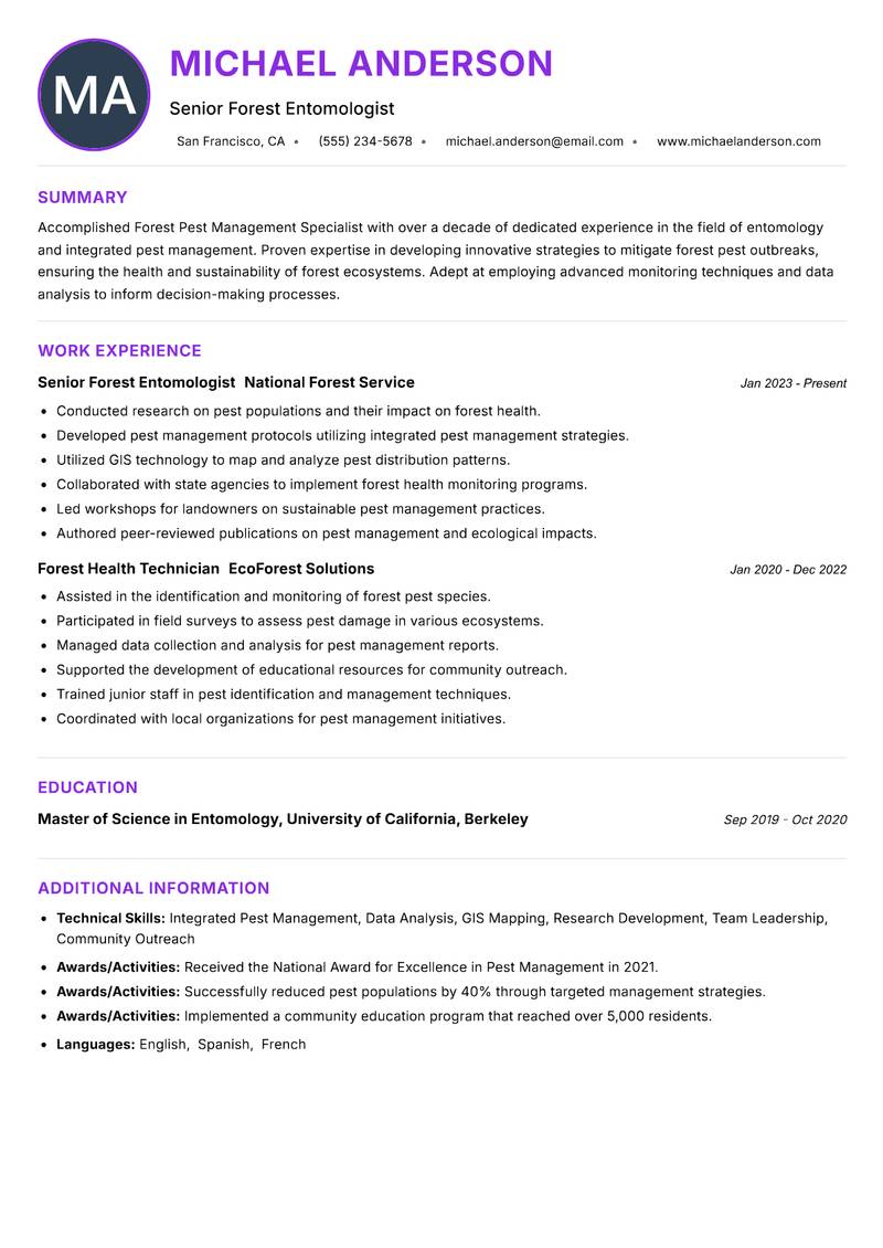 Forest Pest Management Specialist resume example — ATS-friendly template