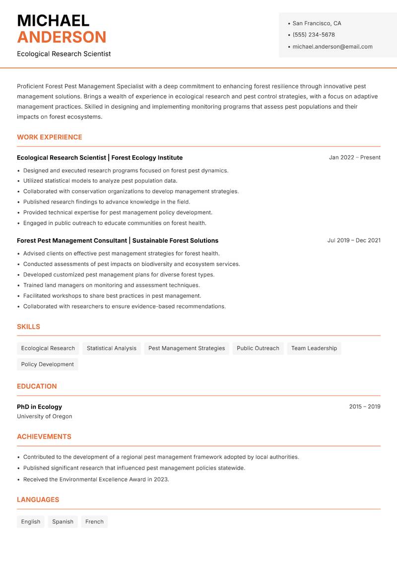 Forest Pest Management Specialist resume template — Modern Professional
