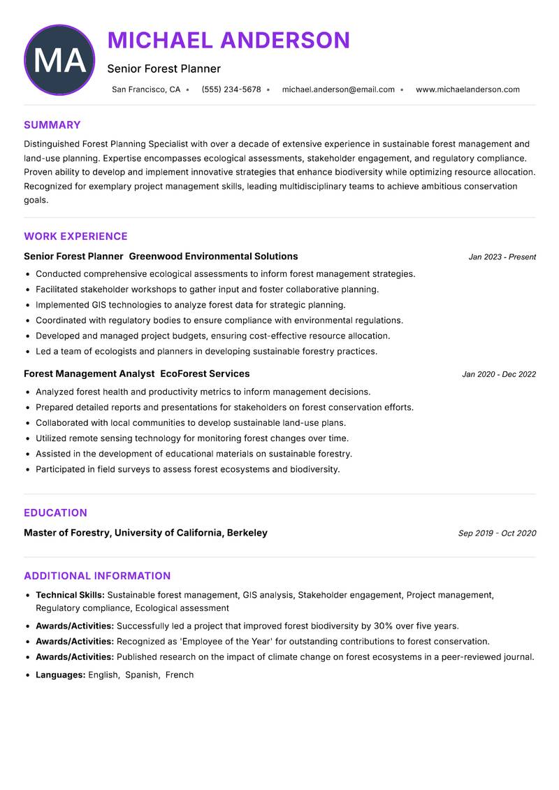 Forest Planning Specialist resume example — ATS-friendly template