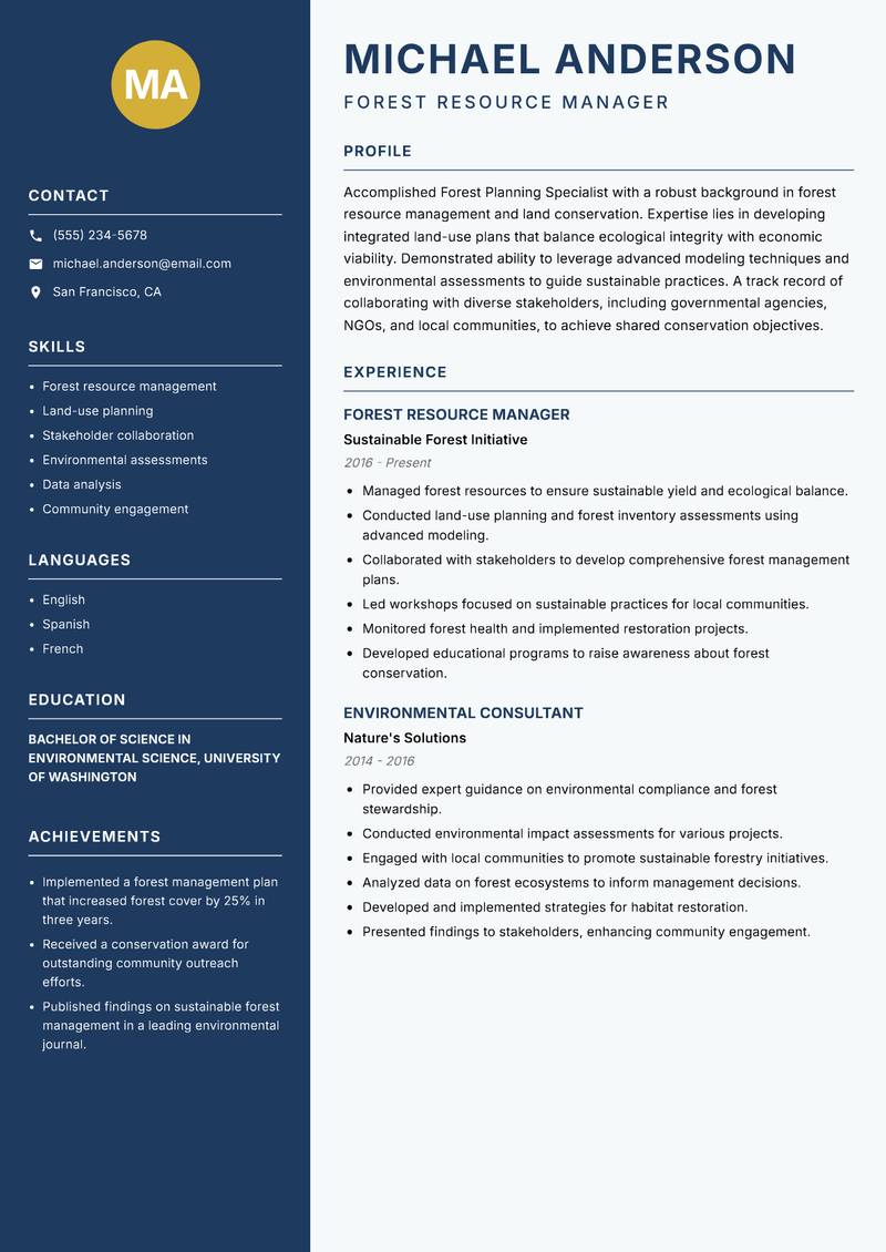 Forest Planning Specialist resume template — Classic Clean