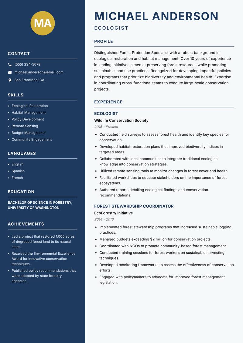 Forest Protection Specialist resume template — Classic Clean