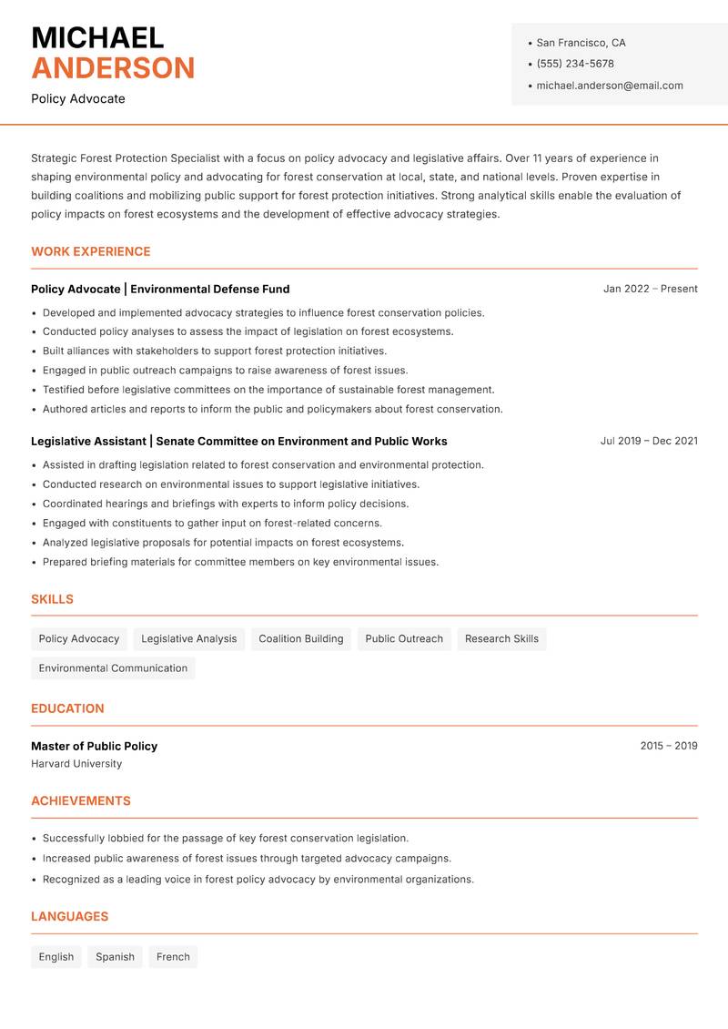 Forest Protection Specialist resume template — Modern Professional