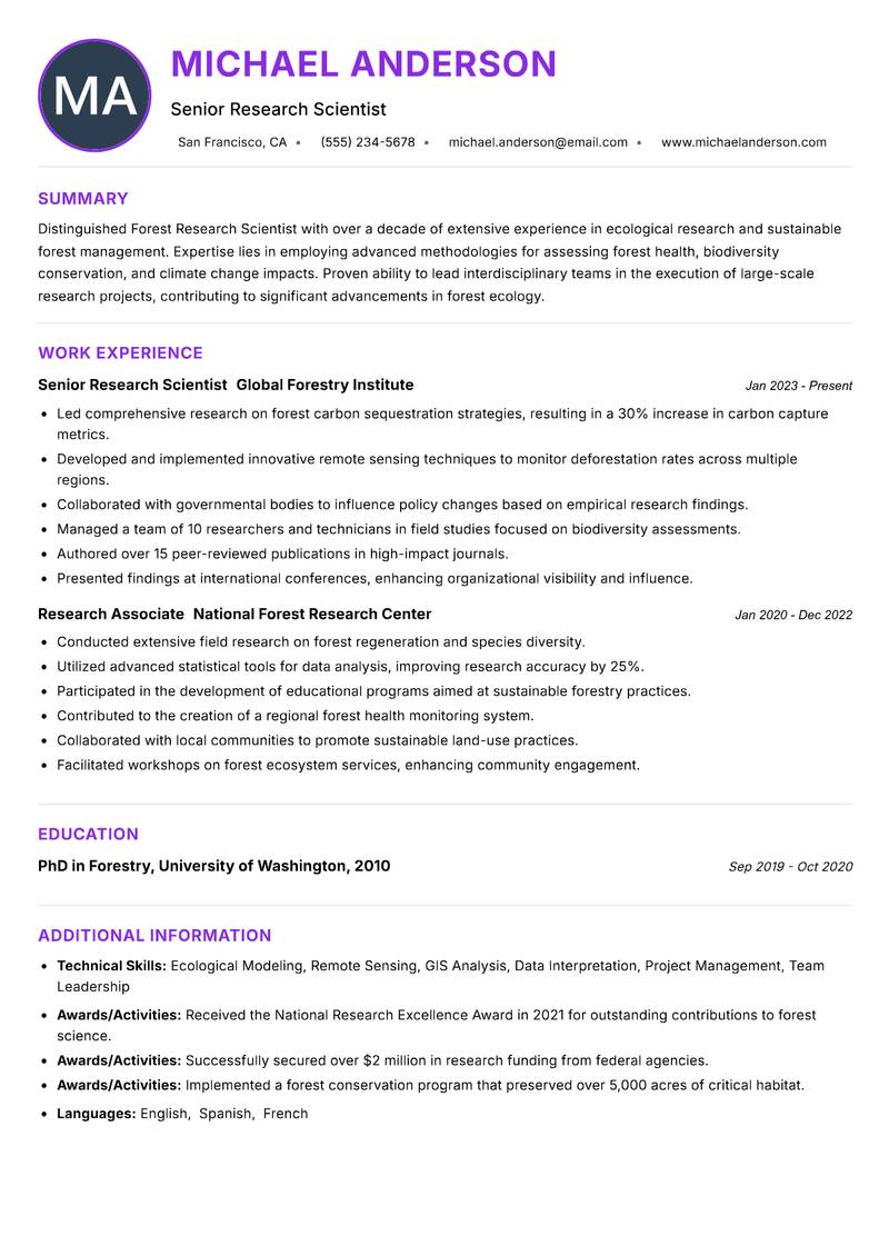 Forest Research Scientist resume example — ATS-friendly template