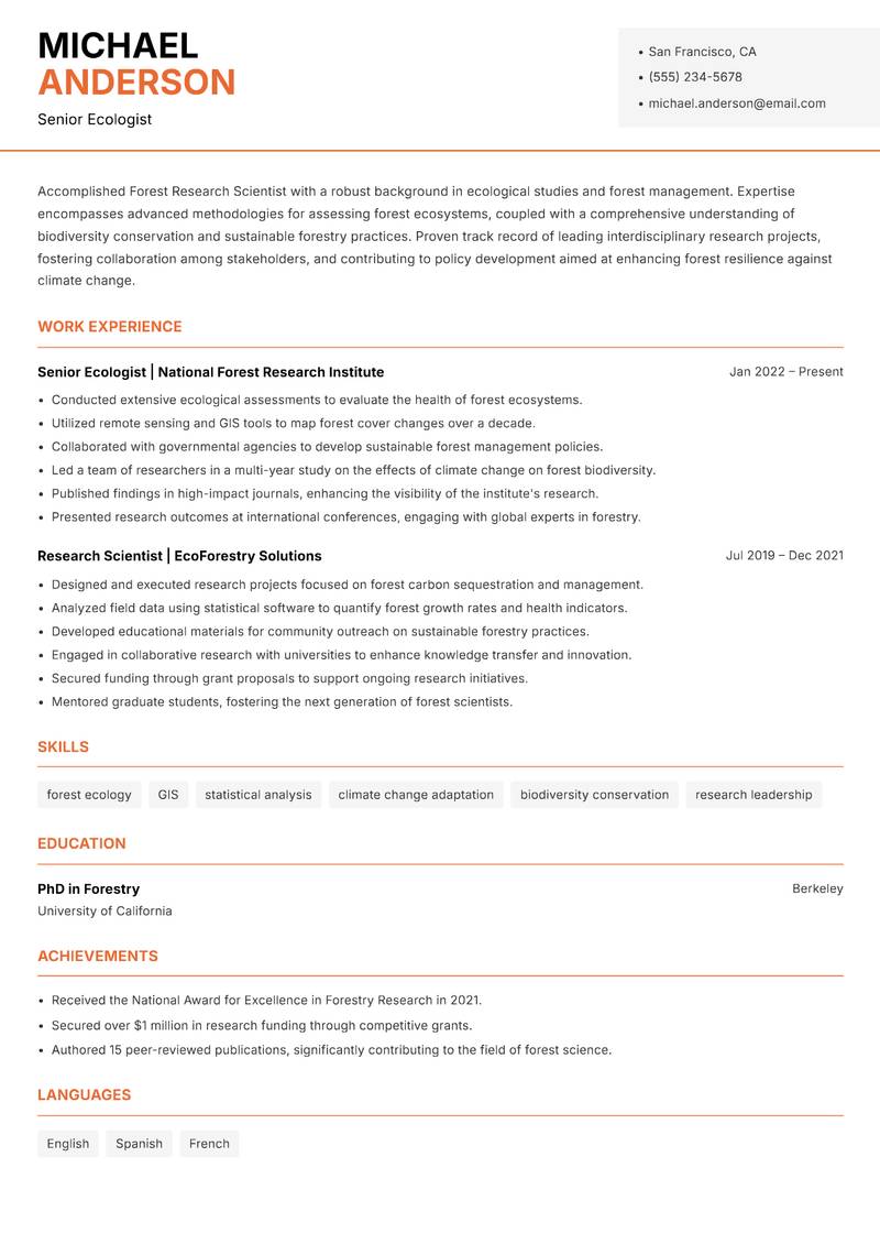 Forest Research Scientist resume template — Modern Professional