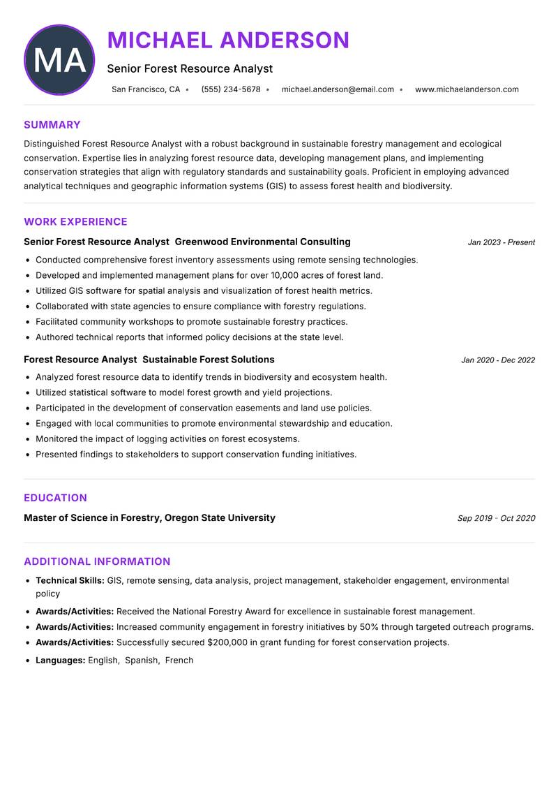 Forest Resource Analyst resume example — ATS-friendly template