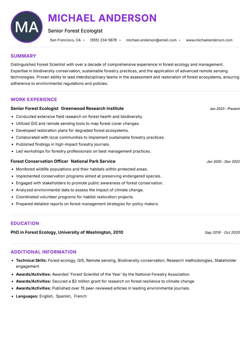 Forest Scientist resume example — ATS-friendly template
