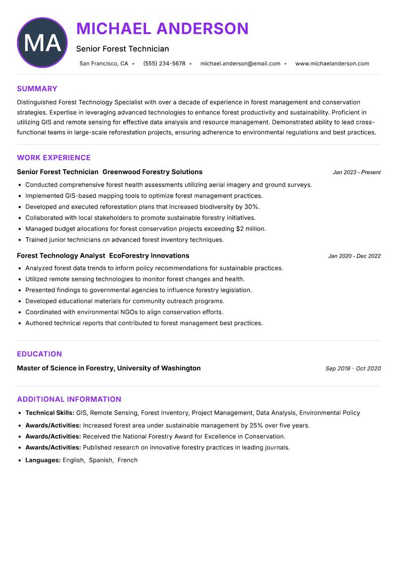 Forest Technology Specialist resume example — ATS-friendly template