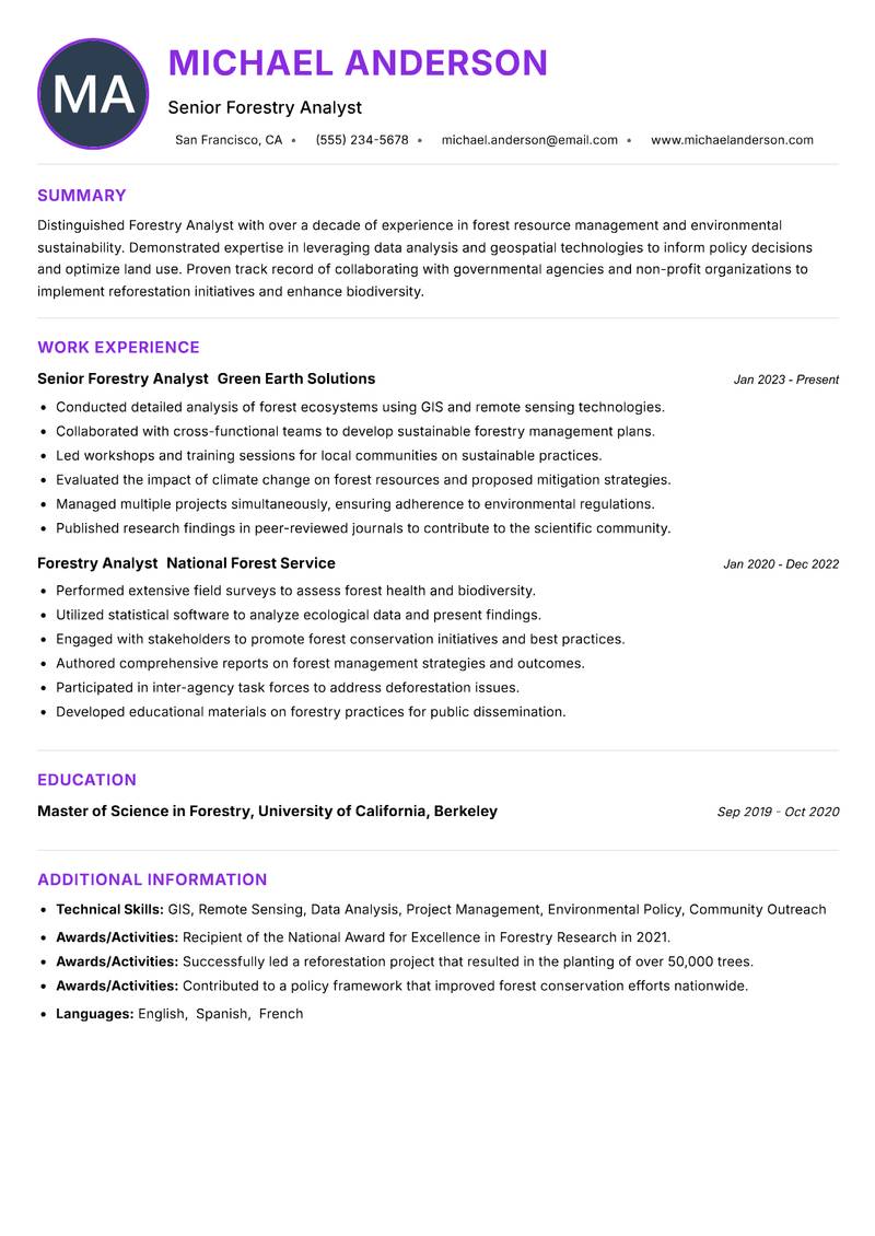 Forestry Analyst resume example — ATS-friendly template
