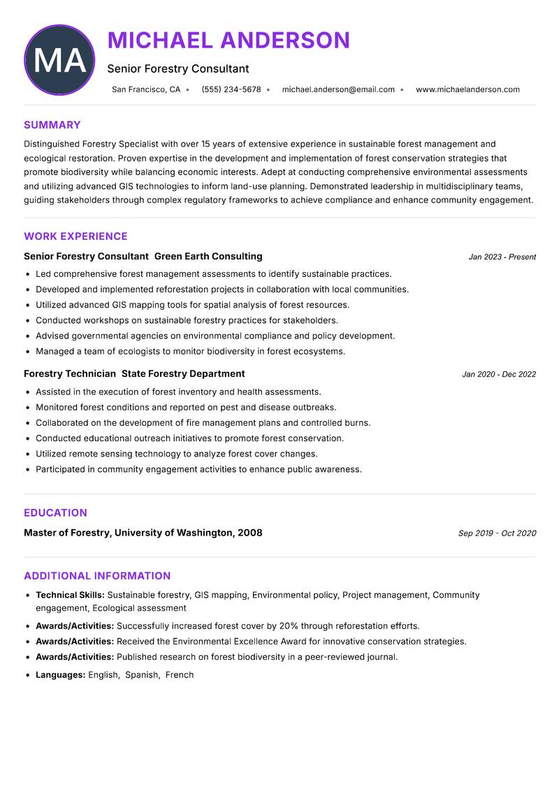 Forestry Specialist resume example — ATS-friendly template