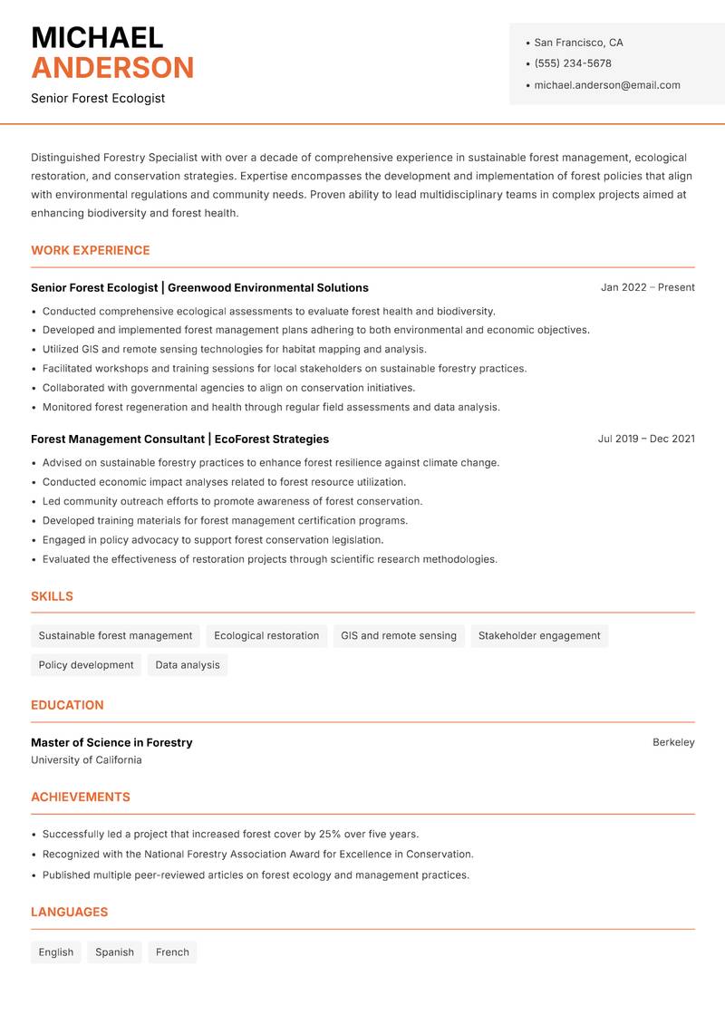 Forestry Specialist resume template — Modern Professional