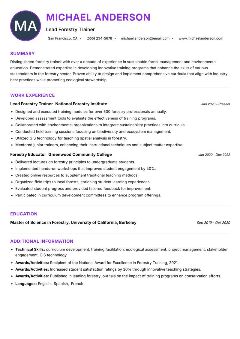 Forestry Trainer resume example — ATS-friendly template