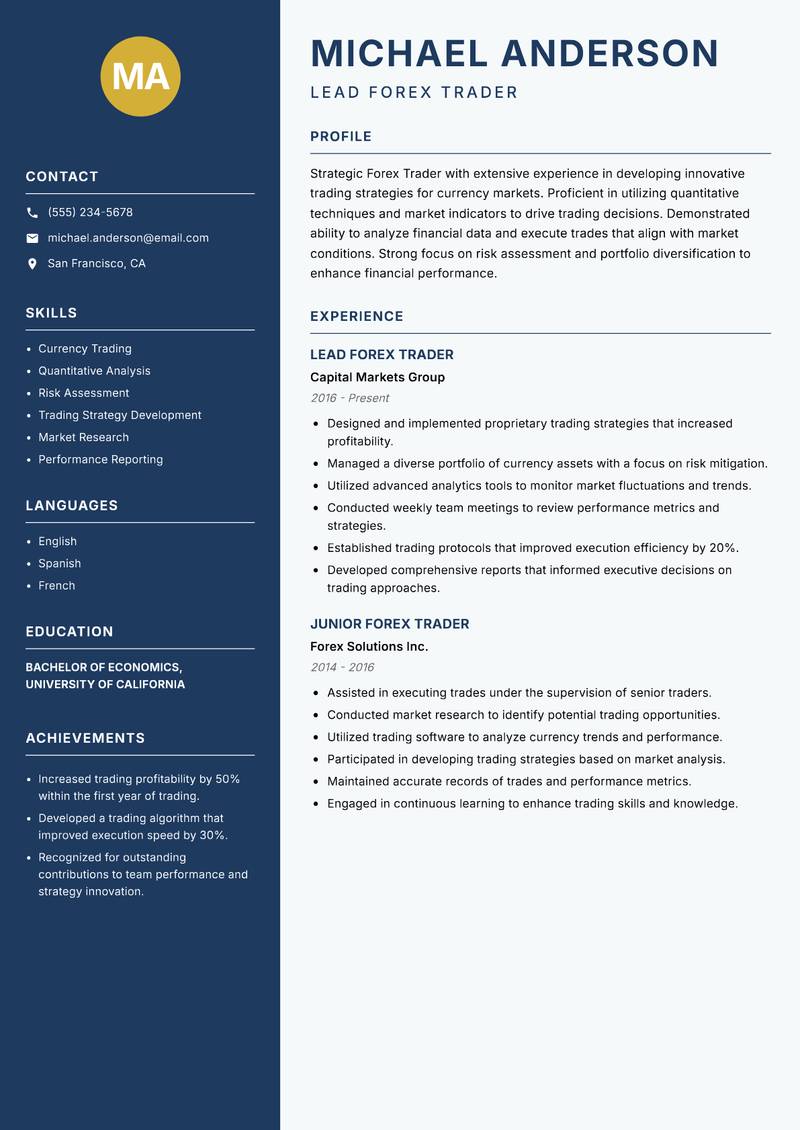 Forex Trader resume template — Classic Clean