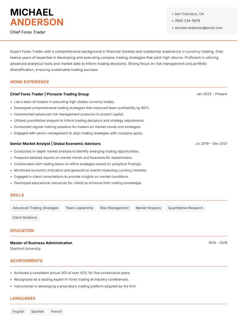 Forex Trader resume template — Modern Professional