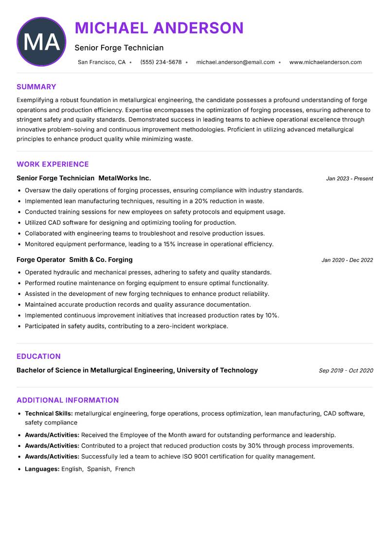 Forge Worker resume example — ATS-friendly template